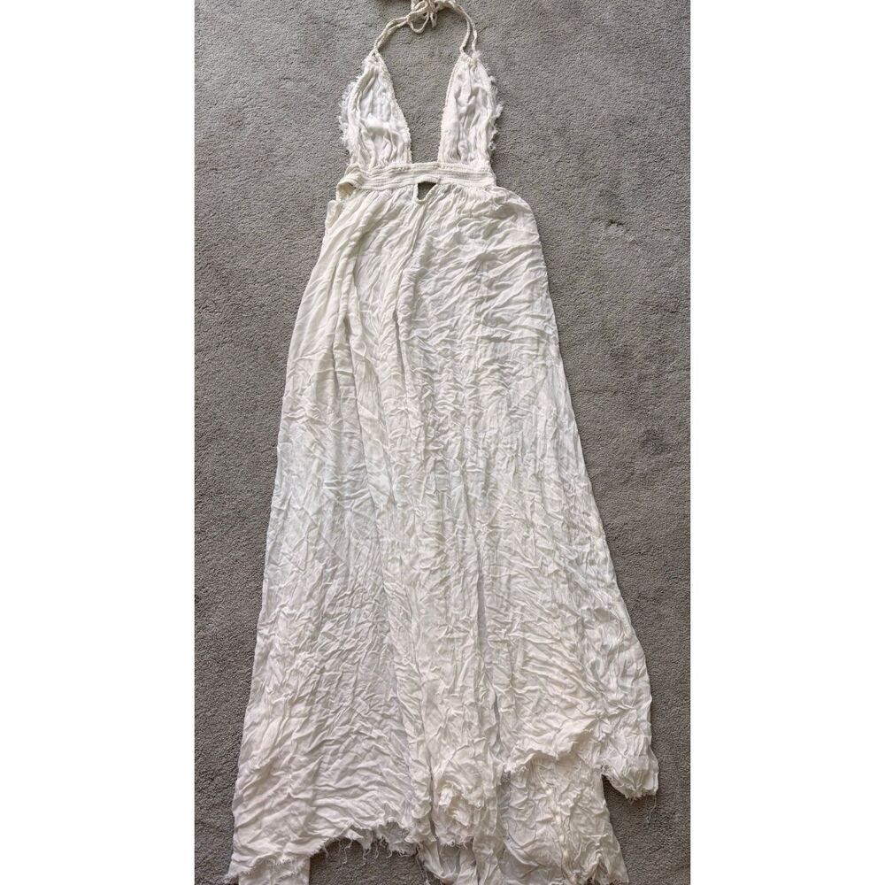 NWOT Free People Ivory Raw Hem Plunge Halter Maxi Dress | Boho Beach Goddess, Sm - Picture 2 of 10
